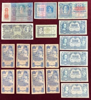 Austria 10,  20 Schilling,  5 - 1000 Kronen 1915 - 45 18 Notes F To Vf
