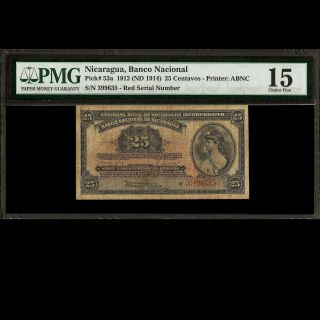 Banco Nacional De Nicaragua 25 Centavos 1912 (nd 1914) Pmg 15 Choice Fine P - 53a