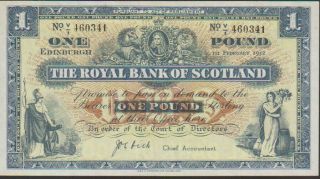 Scotland - Royal Bank,  1 Pound Banknote,  1.  2.  1952,  About Uncirculated Cond,  Sc802 - E