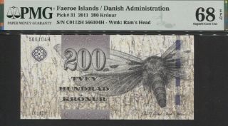 Tt Pk 31 2011 Faeroe Islands / Danish Admin 200 Kronur Moth Pmg 68 Epq