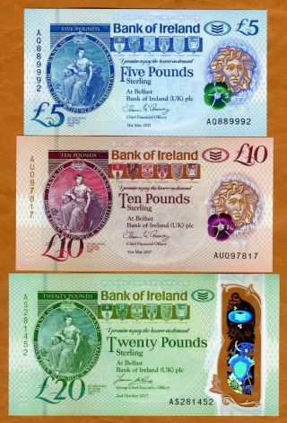 Set Bank Of Ireland,  Northern,  5;10;20 Pounds,  2017,  P - Polymer,  Unc
