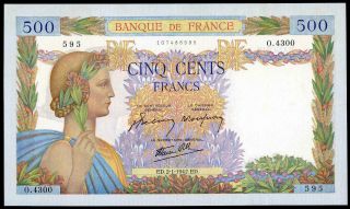 France 500 Francs Pax 1942 Au/unc Large Size Banknote No Pin Holes