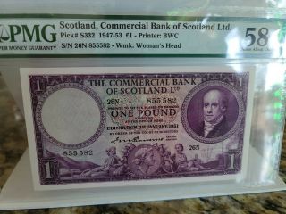 Scotland Commercial Bank Of Scotland P S332 1947 - 53 1 Pound Pmg Au 58 Scarce