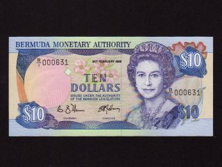 Bermuda:p - 36,  10 Dollars,  1989 Qeii Low Serial Unc
