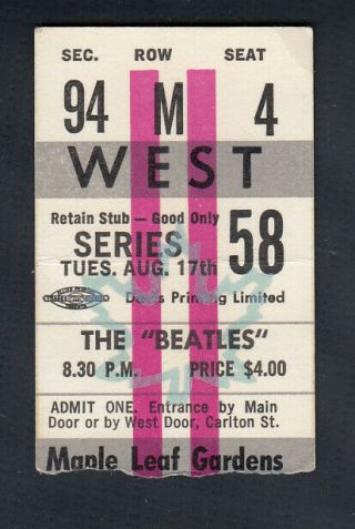 1965 Toronto Maple Leaf Gardens The Beatles Concert Ticket Stub