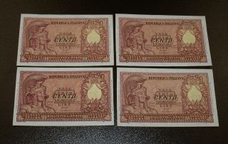 Four Au/unc 1951 Italy 100 Lire Notes - Two Consecutive Serial Numbers