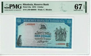 Rhodesia P 32a 1976 1 Dollar Fancy Number End W 888 Pmg 67 Epq Supefb Gem Unc