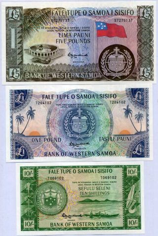 Western Samoa Set 3 Unc 10 Shillings 1 5 Pounds 1963 - 2020 Official Reprint P