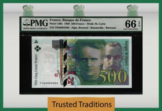 Tt Pk 160c 1998 France 500 Francs Marie & Pierre Curie Pmg 66q Astounding Note