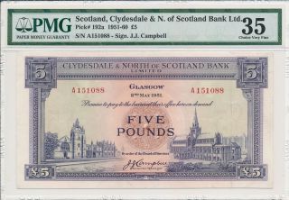 Clydesdale & N.  Of Scotland Bank Ltd.  Scotland 5 Pounds 1951 Prefix A Pmg 35