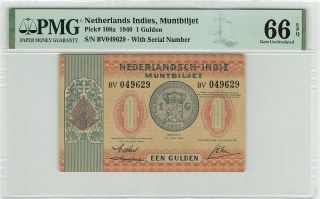 Netherlands Indies 1 Gulden 1940 Jez State Note Pick 108 Pmg Gem Unc 66 Epq