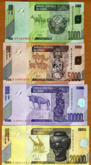 Set,  Congo D.  R.  1000;5000;10000;20000 Francs,  2013,  P - 101b - 102b - 103b - 104b Unc