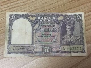 1943 10 Rupees Reserve Bank Of India Banknote.  Rare