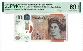 Great Britain (uk) 10 Pounds 2016 Pmg 69 Epq S/n Dm46 590184 Polymer
