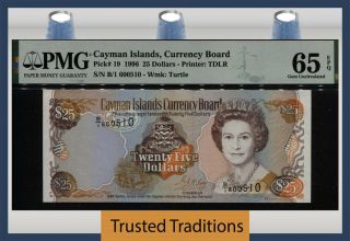 Tt Pk 19 1996 Cayman Islands 25 Dollars Queen Elizabeth Ii Pmg 65 Epq Gem Unc
