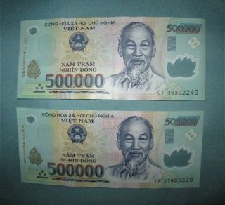 1 Million Vietnam Dong Currency = 2 X 500000 500,  000 Dong,  Circulated