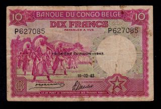 Belgian Congo 10 Francs 1943 P Pick 14c F - Vf.