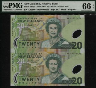 Tt Pk 187a1 1999 - 2003 Zealand 20 Dollar Elizabeth Ii Pmg 66q Gem Uncut Pair