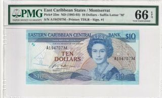 1985 - 93 East Caribbean States 10 Dollars - Suffix Letter " M " Pmg 66 Epq Gem Unc