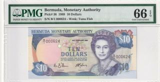 1989 Bermuda 10 Dollars P - 36 S/n B/1 000624 Pmg 66 Epq Gem Unc