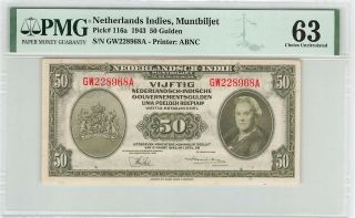Netherlands Indies 50 Gulden 1943 Indonesia Abnc Pick 116 Pmg Choice Unc 63