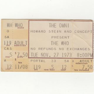 The Who & Lynyrd Skynyrd Concert Ticket Stub Atlanta 11/27/73 Quadrophenia Tour