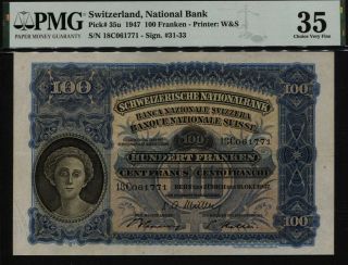Tt Pk 35u 1947 Switzerland National Bank 100 Franken Pmg 35 Choice Very Fine