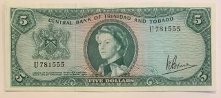 1964 $5 Central Bank Of Trinidad And Tobago Banknote Unc Young Queen