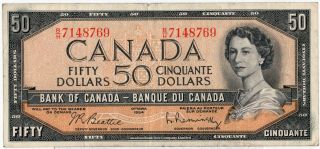 Bank Of Canada 1954 $50 Fifty Dollars Beattie - Rasminsky B/h Prefix Vf