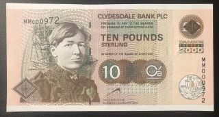Scotland,  Clydesdale Bank 10 Pounds Millennium 2000.  Low Number.  Unc.