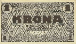 Iceland 1 Krona 1941 (1945) World War Ii Issue P - 22f Crisp Uncirculated Note