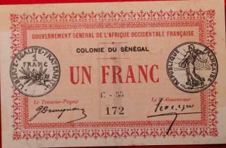 1917 French Tunisia Senegal 1 Franc Circulated Note