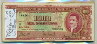 Bolivia Bundle 20 Notes 1000 Bolivianos Law 1945 P 149 Vf/axf