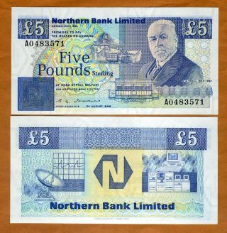 Ireland Northern Bank 5 Pounds,  1988,  P - 193a,  A - Prefix,  Unc