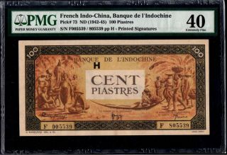 French Indochina 100 Piastres 1942 - 45 P - 73 Pmg40