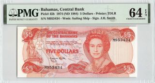 Bahamas 1974 (nd 1984) P - 45b Pmg Choice Unc 64 Epq 5 Dollars (smith)