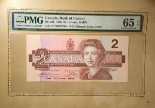 Canada Bc - 55b 1986 $2 Dollars Thiessen | Crow Pmg 65 Epq S/n Bbp8395598