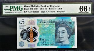 Great Britain 2015 Polymer 5 Pounds Near Solid Serial 8888xx Gem Unc Pmg 66 Epq