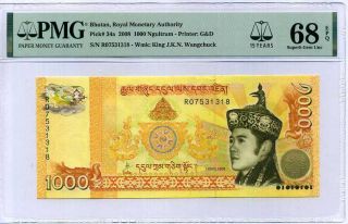 Bhutan 1000 1,  000 Ngultrum 2008 P 34 A 15th Gem Unc Pmg 68 Epq Top Pop