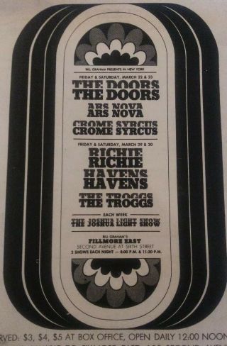 The Doors Concert Ad 1968 @ Fillmore East 2nd Week Open,  Only Show,  Plus More