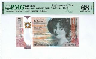 Scotland (royal Bank Of Scotland) 10 Pounds 2016 Pmg 68 Epq S/n Zz187681 Polymer