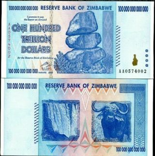 2 X Zimbabwe 100 Trillion Dollars,  2008 P - 91 Aa Uncirculated (unc) Can Seller