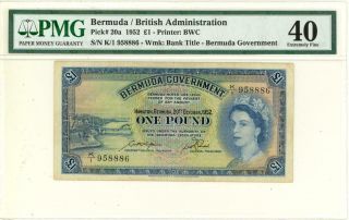 Bermuda 1 Pound Currency Banknote 1952 Pmg 40 Xf