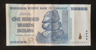 Zimbabwe: 1 X 100 Trillion Zimbabwe Dollar Banknote.  Aa Series 2008.