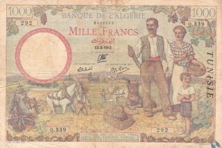 Banque De Algeria And Tunisia 1000 Francs 1942 P - 20 Vg Tunisie