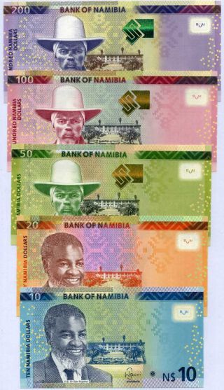 Namibia Set 5 Unc 10 20 50 100 200 Dollars 2015 2018 2019 P