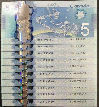 2013 Canada $5 Five Dollar Polymer Bank Note,  P106b (10 Consecutive),  Unc