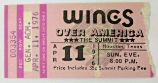 Paul Mccartney1976 Wings Over America Concert Ticket To The Summit Houston Texas