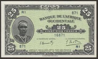 Gem Unc French West Africa Wwii 25 Francs P - 30b 871