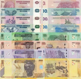 Congo Dr 8 Note Set: 50,  100,  200,  500,  1000,  5000,  10000,  20000 Francs (3.  6.  2013) Unc